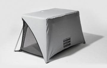 slightly skewed back view of Lotus Crib Fun Shade in grey